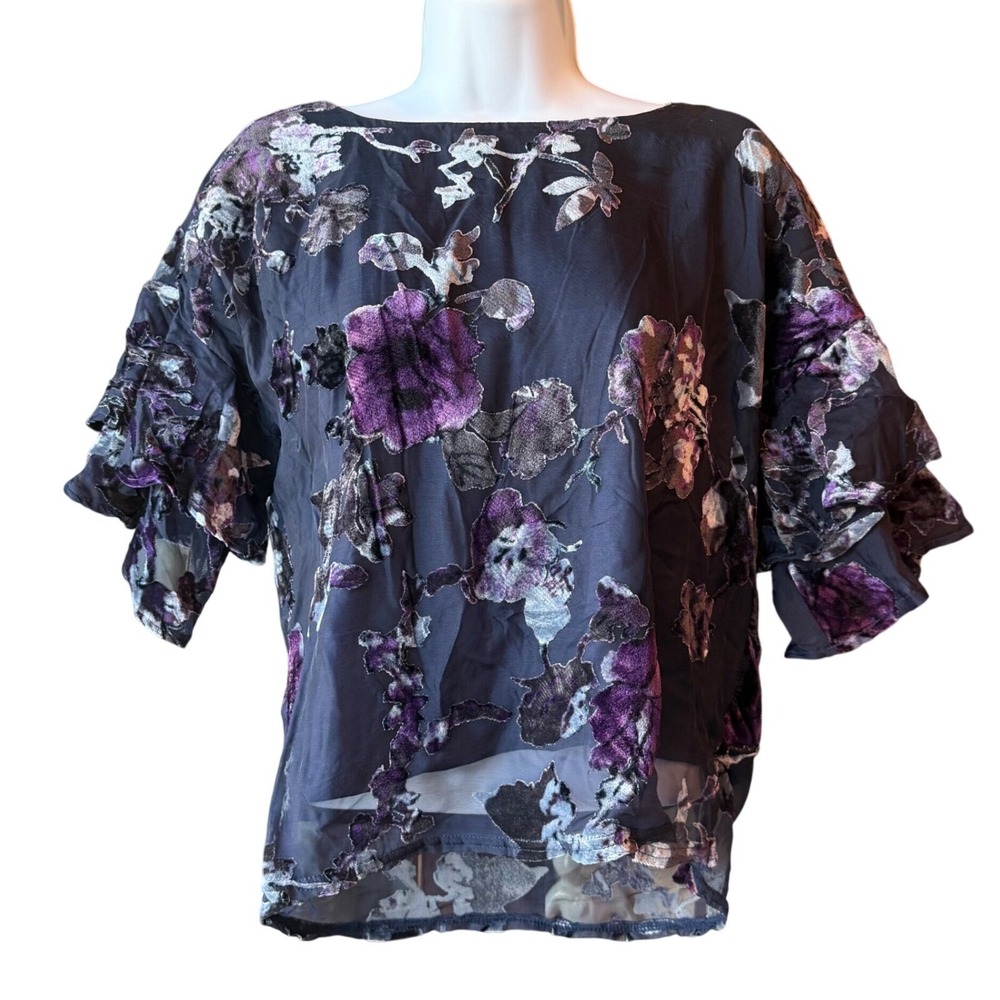 LILY WHITE Ruffle Sleeve Chiffon Velvet Floral Top Shirt Blouse Size Small